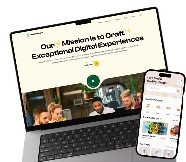 A website on a laptop and a recipe app on a phone, built by DINJAN